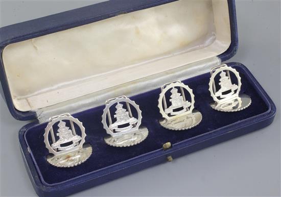 A cased set of four silver The Royal Artillery menu holders, by A. Wilcox, Height 39mm. Weight: 2.6oz/81grms